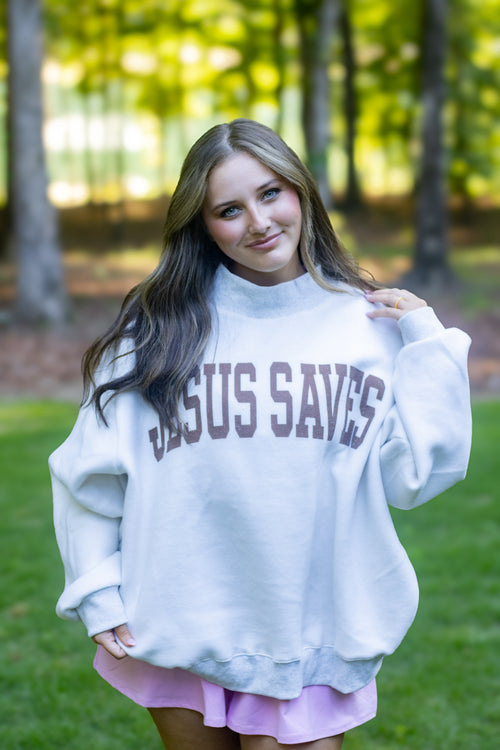 'CROSS &JESUS SAVES' Reversible Sweatshirt: Ash grey